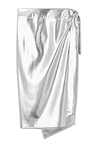 Silver metallic vegan leather Jaspre wrap midi skirt featuring an adjustable side tie fastening.