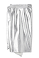 Silver metallic vegan leather Jaspre wrap midi skirt with a side tie detail on a white background.