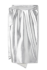 Silver metallic vegan leather Jaspre wrap midi skirt with a side tie detail on a white background.