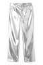 Silver metallic vegan leather trousers featuring a branded button and embroidered pocket logo.