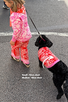 Red and Pink Bandana Dog Jumper in a soft knit on a black dog, with sizing info and a matching iconic kids' outfit.