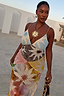 Pastel Abstract Soleil Emilia Dress with sun motifs and panelled detailing, showcasing inclusive sizing.