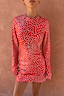 Spliced Fawn Mini Nola Tie Dress in red and white fawn print with long sleeves and mini length.