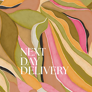 Next Day Delivery text over an abstract wavy print in pink, green, and earthy tones.