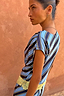 Thumbnail for Stripe A-Symmetrical Top in blue and navy with yellow lace trim, shown in a side profile view.