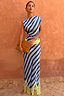 Thumbnail for Stripe A-Symmetrical Top and matching skirt with blue and navy diagonal stripes and yellow lace trim.