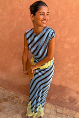 Blue and navy Stripe A-Symmetrical Top with yellow lace trim, styled with the matching skirt co-ord.