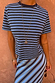 Stripe Bra Baby T-Shirt in blue and navy horizontal stripes with a crew neck, styled with the matching striped skirt.
