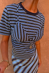 Blue Stripe Bra Baby T-Shirt featuring a detachable bra overlay and contrasting stripe placement.