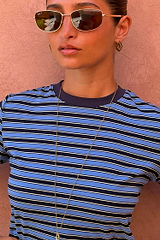 Stripe Bra Baby T-Shirt with blue and navy horizontal stripes, a contrasting crew neck and fitted silhouette.