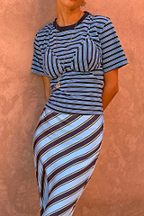 Blue Stripe Bra Baby T-Shirt featuring a detachable bra overlay and matching striped skirt co-ord.