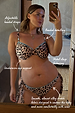 Leopard print underwired bikini with blue whipstitch trim and beaded straps, shown in an annotated mirror selfie.