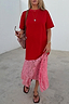 Thumbnail for Red and Pink Cara T-Shirt Dress featuring a cotton top and pink lace skirt in a relaxed midaxi length.