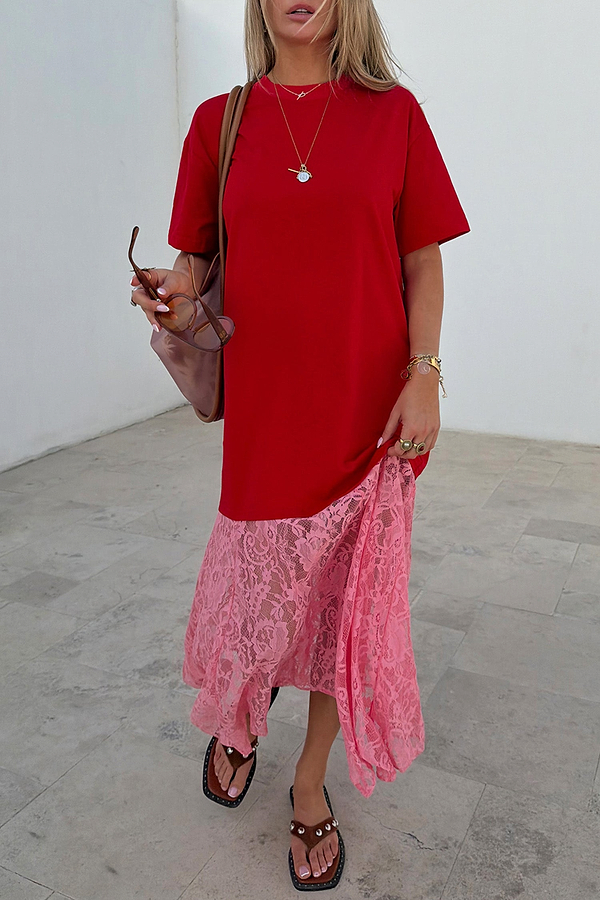 Red and Pink Cara T-Shirt Dress featuring a cotton top and pink lace skirt in a relaxed midaxi length.