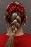 Red Sequin Scrunchie shimmering on a thick blonde braid, styled for a festive London look.