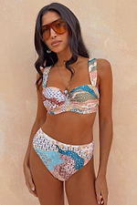 Morocco High Waist Brief and matching bikini top in a celestial patchwork print with sun washed tones.
