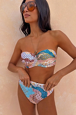 Morocco Bikini Top in a celestial patchwork print with sun motifs and gathered underwired cups.