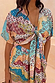 Morocco Tie Front Top in a blue and rust patchwork celestial print, featuring a front-tie fastening.