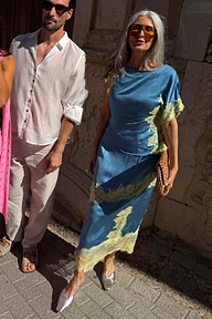 Blue and Lemon Kira Top featuring contrast lemon lace and an asymmetric hem, styled as an occasionwear co-ord.