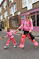Kids Red and Pink Bandana Knitted Set worn by a child with a matching adult on a London street.