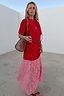 Red and Pink Cara T-Shirt Dress with a lace insert, shown on a 5ft6” model wearing size M for dopamine dressing.