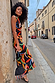 Banana Dorris Skirt and co-ord top in soft stretch jersey with a multicoloured banana print, creating a vibrant London look.