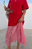 Red and Pink Cara T-Shirt Dress featuring a red cotton bodice and a contrasting pink lace skirt insert.