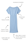 Ice Blue Plisse Tilly Dress with silver flecks and annotations highlighting the stretchy fabric and bump-friendly fit.
