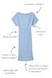 Ice Blue Plisse Tilly Dress with silver flecks and annotations highlighting the stretchy fabric and bump-friendly fit.