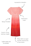 Pink Ombre Tilly plisse dress with gold shimmer, detailing asymmetric shoulder, elasticated waist, and bump-friendly fit.