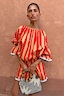 Thumbnail for Red and camel Tomato Stripe Blouse with voluminous flared sleeves and matching shorts co-ord.