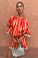 Red and camel Tomato Stripe Blouse with voluminous flared sleeves and matching shorts co-ord.