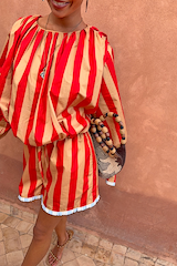 Red and camel Tomato Stripe Blouse and matching shorts vacation co-ord set with a gathered neckline.