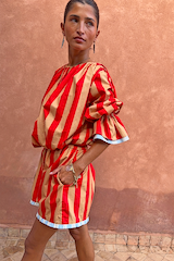 Tomato Stripe Ellie Shorts and matching co-ord blouse in red and camel stripes with blue contrast trims.
