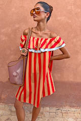 Tomato Stripe Mini Dress in red and camel stripes with a multi-wear ruffle neckline and beach bag.
