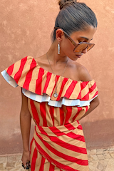 Tomato Stripe Mini Dress in red and camel with a tiered ruffle neckline and blue contrast trim.