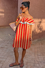 Tomato Stripe Mini Dress in red and camel stripes with a ruffled off-the-shoulder neckline.