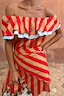 Thumbnail for Tomato Stripe Scarf in red and tan, styled as a multi-wear waist wrap over a matching off-the-shoulder dress.