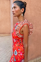 Tomato Tapestry Frida Dress in red featuring sun motifs and contrasting spot print ruffle sleeves.