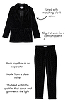 Black velvet Quinn blazer and trouser co-ord with sparkle studs, satin lining and stretch material.