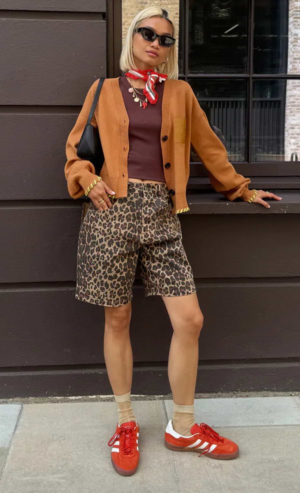 model is wearing the leopard long shorts with the chocolate ribbed tank and camel knit cardigan 