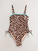 Leopard bandeau swimsuit with blue whipstitch embroidery and ruched side ties, shown in a flat lay.