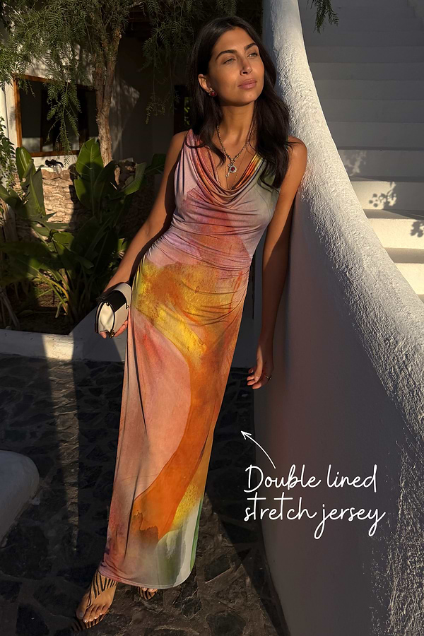 Abstract Malika Dress in multicoloured double lined stretch jersey with a draped neckline.