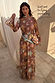 Brown Star Fawn Aria Mesh Dress with colourful motifs, flared sleeves and a scarf used for styling only.
