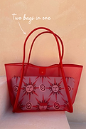 Red Mesh Tote Bag with leather straps and a detachable sun face print pouch, highlighting the two-in-one design.