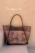 Tan Mesh Tote Bag with leather straps and a detachable abstract soleil print pouch, highlighting the two bags in one feature.