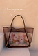 Tan Mesh Tote Bag with leather straps and a detachable abstract soleil print pouch, highlighting the two bags in one feature.