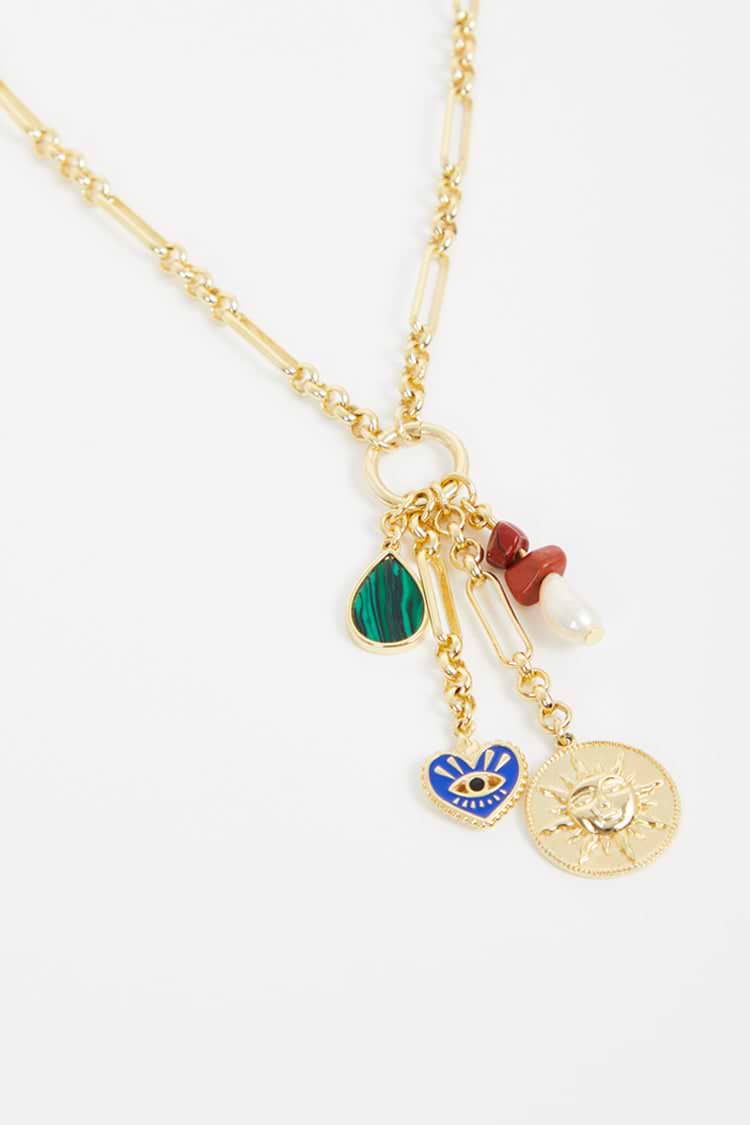 Gold Plated Balearic Sun Cluster Necklace with chunky links and charms including a sun, evil eye heart and pearl.