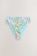 Blue Dreamer High Waist Brief featuring a vibrant sun and palm abstract print on a light blue base.
