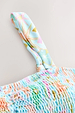 Blue Dreamer Shirred Bandeau Top detail featuring light blue shirred fabric and an adjustable strap with sun motifs.
